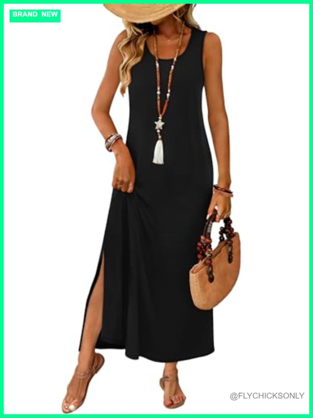 Sleeveless Maxi Dress with Pockets Side Slit Crew Neck Summer Beach Vacation